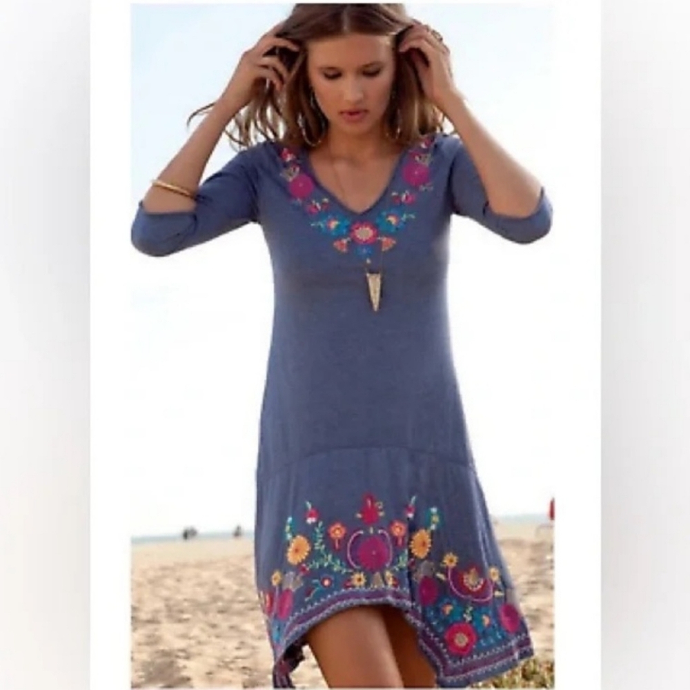 Johnny Was Blue Embroidered Boho Dress